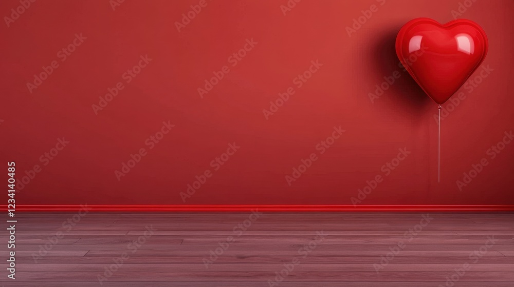 Poster red heart-shaped balloon floating against a vibrant red wall in a simple and minimalist setting