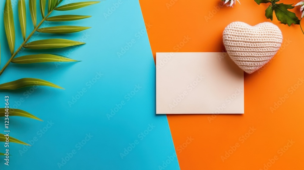 Poster heart shaped object placed on a vibrant blue and orange background with contrasting colors and textu