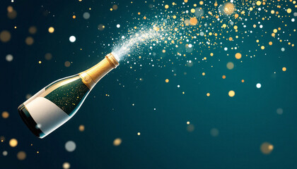 Champagne Bottle Explosion with Golden Sparkles on Teal Background
