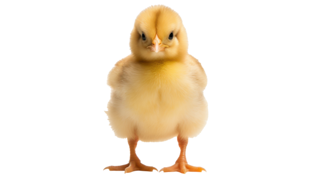 This adorable chick stands upright on its tiny legs, isolated against a clean white background, capturing the viewer's attention with its fluffy yellow feathers and inquisitive look