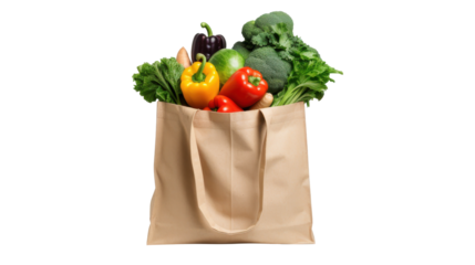 A reusable grocery bag filled with vibrant vegetables like lettuce, peppers, and broccoli sits isolated against a white background, promoting healthy eating choices