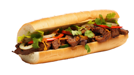 This delicious sandwich features tender marinated beef, crunchy vegetables, and fresh herbs packed into a soft hoagie roll, perfect for a satisfying meal any time of day