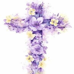 A watercolor Easter Christian cross with soft pastel purple and yellow hues, adorned with delicate flowers, symbolizing faith, hope, and divine serenity.