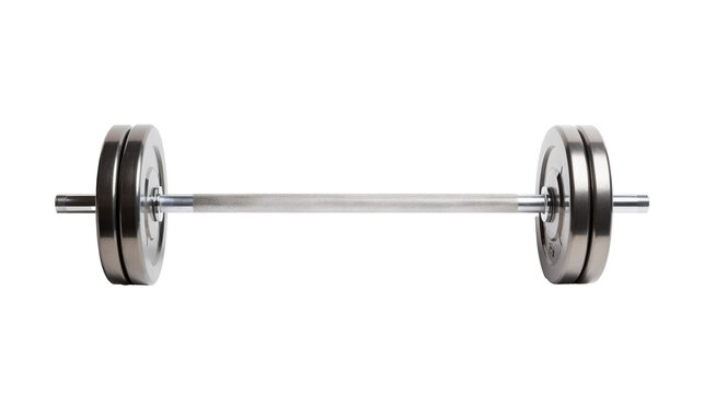 A heavy barbell rests in isolation against a stark white background, highlighting its metallic shine and solid construction, perfect for strength training and fitness routines
