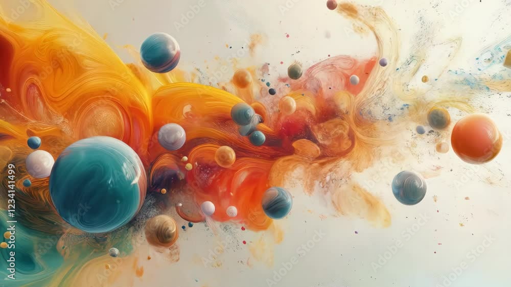 Poster vivid abstract motion, colorful spheres flowing in dynamic swirl patterns