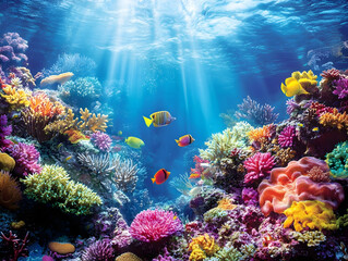Fototapeta premium Vibrant coral reef teeming with marine life and showcasing the beauty of underwater ecosystems