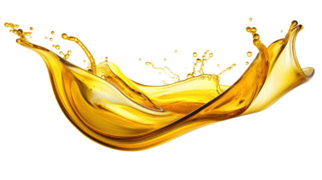 A vibrant golden liquid elegantly splashes and forms dynamic shapes in mid-air, captured against a clean white background, showcasing its fluid motion and texture