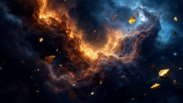 Cosmic Debris Storm Gold asteroid field in fiery nebula; space exploration background