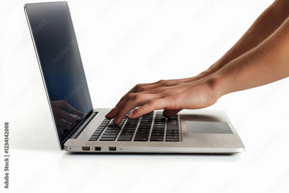 Poster hands typing on a laptop keyboard against a pure white background with high detail and resolution