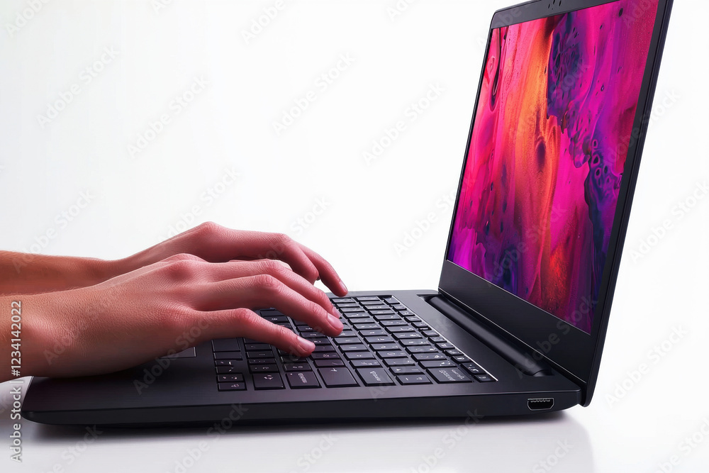 Poster hands typing on a laptop keyboard against a white background showcasing focus on interaction and hig