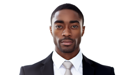 A man stands confidently wearing a sharp black suit with a crisp white shirt and tie. He exudes professionalism and poise while the isolated white background accentuates his presence