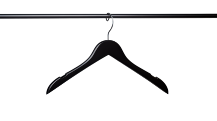 A black hanger is suspended from a sleek black rod, set against a pure white backdrop. This composition highlights simplicity and elegance, creating a contemporary atmosphere