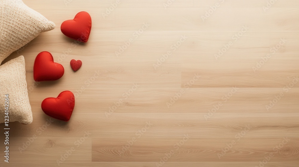 Poster couple of decorative pillows with one featuring heart patterns on a soft surface