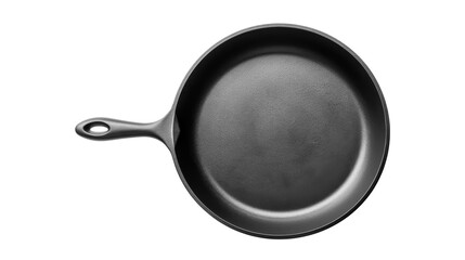 A cast iron skillet rests isolated against a clean background. Its smooth surface reflects light, showcasing durability and versatility for cooking a variety of dishes