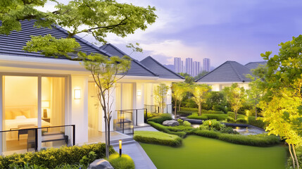 Stylish contemporary house with large windows, surrounded by neatly manicured gardens and a tranquil pond, perfect for relaxation