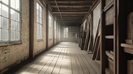 Sunlit industrial loft interior with wooden floor, exposed brick walls, and aged wooden furniture.