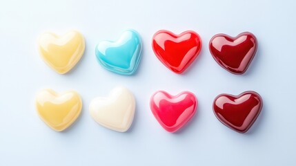 Fototapeta premium Colorful heart shaped candies arranged on a white background for festive occasions and celebrations