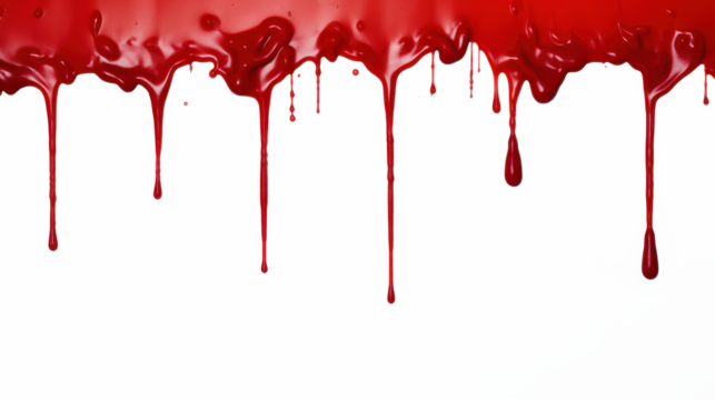 Bright red paint cascades down in dripping patterns, showcasing vibrant color against a pristine white background. The isolated effect emphasizes both fluidity and boldness