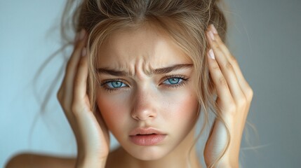 Fototapeta premium Close-up portrait of a young woman expressing concern with hands on her head, soft background