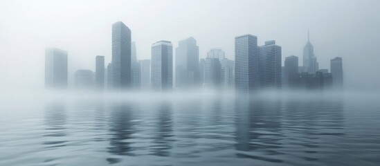 Foggy city skyline reflected in calm water, urban landscape
