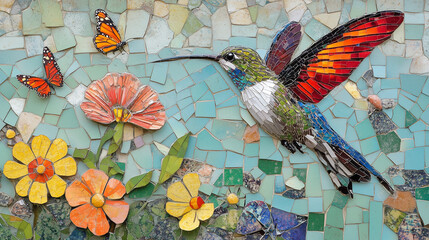 Humming bird and butterfly on a backyard garden