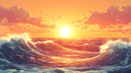 Obraz premium Stunning Sunset Over the Ocean Waves