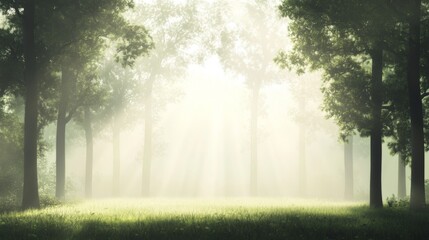 Sunlit misty forest path with green grass.