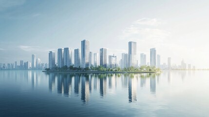 Fototapeta premium Modern city skyline reflecting on calm water at sunrise; urban development