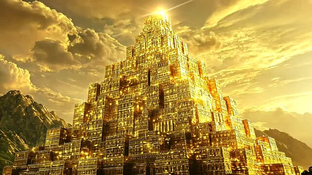 Golden Ziggurat Sunset, Mountain Background