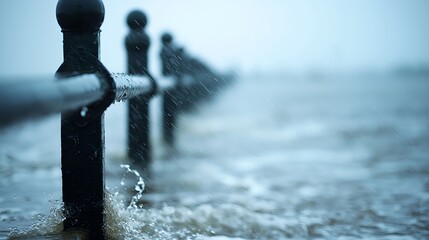 Fototapeta premium Coastal Flood with Dark Metal Fence