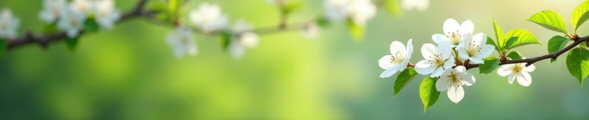Fototapeta premium Serene spring morning with blooming white cherry blossoms and lush green leaves, cherry blossoms, branches