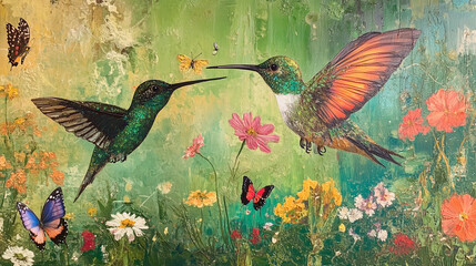 Humming bird and butterfly on a backyard garden