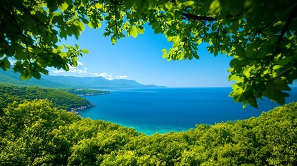 Naklejka premium Coastal Landscape with Lush Green Foliage