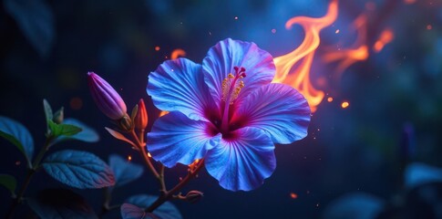 Shimmering flames encircle mystical blue purple hibiscus flower, mystic, blue, flames