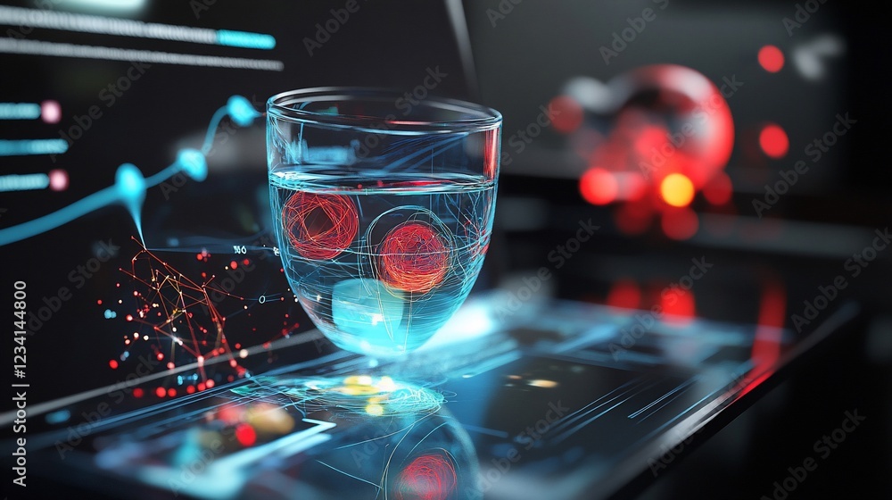Poster abstract glass of water with red spheres on a futuristic screen display with data visuals