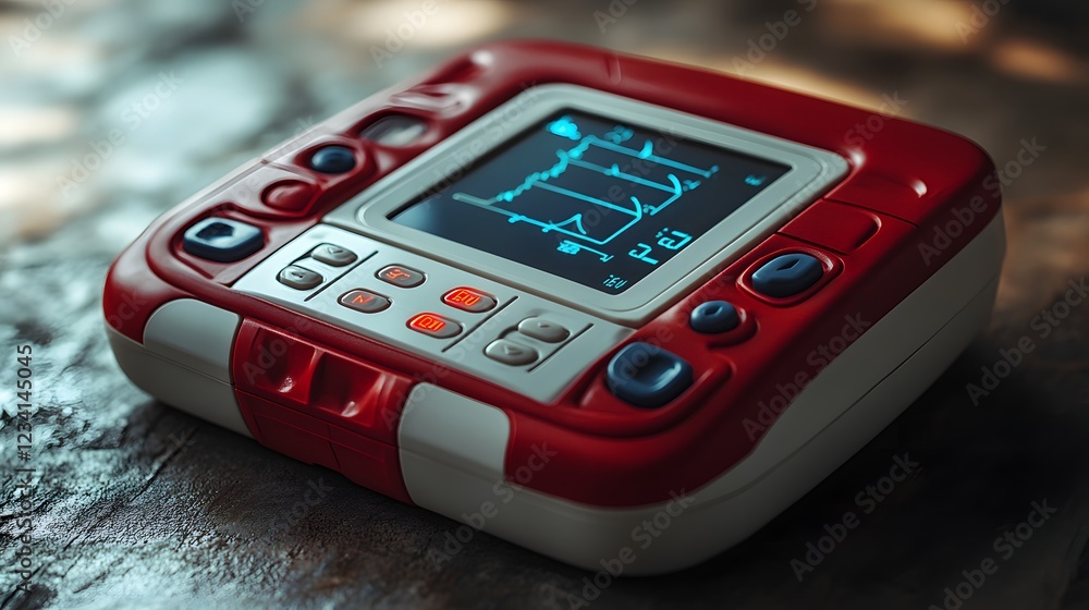 Poster modern defibrillator with its paddles and control unit isolated on a minimalist background designed 