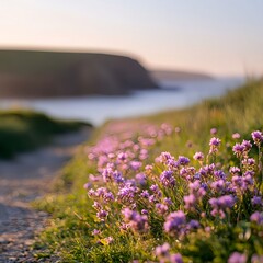 Obraz premium Coastal Path with Purple Wildflowers at Sunset