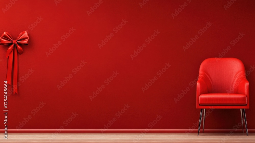 Poster red chair in front of a red wall adorned with a large red bow creating a vibrant interior design sce