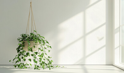 Hanging plant in a bright room with sunlight casting shadows on a textured wall.