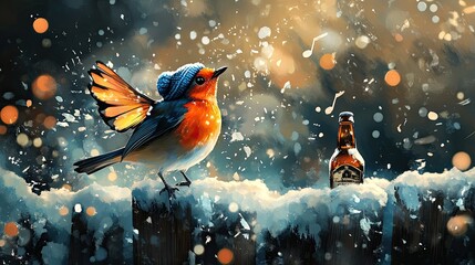 A stunning splash of water forms the shape of a butterfly in mid-air, set against a dark background. A vibrant red cardinal perches on a snow-covered branch, with musical notes surrounding it.