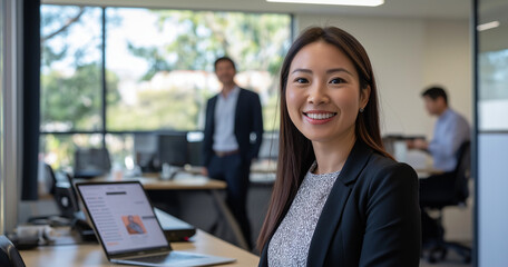 Confident Young Woman Working on Laptop in Modern Office – Professional Team Collaboration with Positive Work Environment