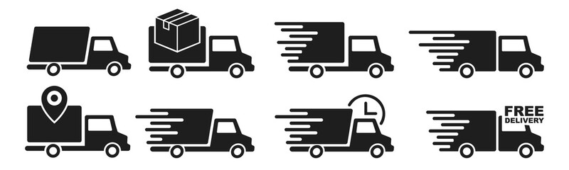 Delivery truck icon set. Fast shipping free online delivery service. Parcel delivery. Auto cargo shipment. Vector graphic elements.