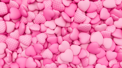 Light pink textured hearts background for Valentine's Day. Pile of hearts. Romantic backdrop. 3d render illustration