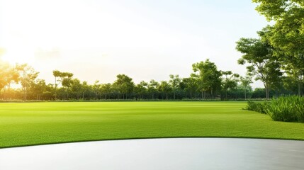 Naklejka premium Golf course landscape at a golf club with lush green grass and sand traps under a clear blue sky