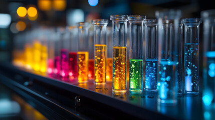 A beautifully lit biochemistry lab with colorful chemical reactions taking place in connected glass tubes, creating a vibrant display, during a detailed experiment