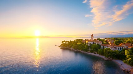 Obraz premium Coastal Town Sunset Aerial View