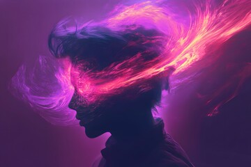 Surreal Side Profile of a Person with Radiating Neon Swirls and Fractal Energy Representing Overwhelming Anxiety. Mental health issue 