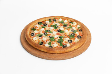 Pizza with olives and mozzarella cheese on white background
