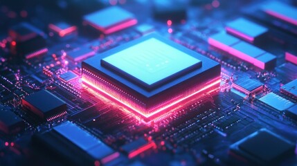 Fototapeta premium Central processing unit glows brightly the heart of a complex circuit board
