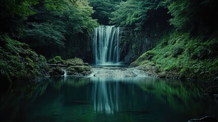 Naklejka premium Serene waterfall cascades into tranquil pool, lush forest backdrop, nature serenity, travel imagery